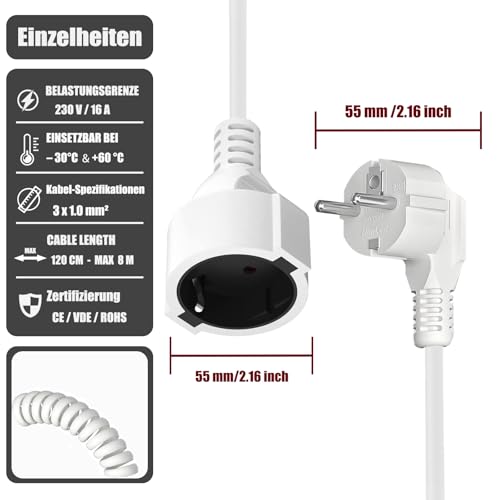 Rallonge spirale 230V 16A extensible 8m câble PVC blanc IP20 - 4