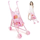 Babypuppen-Kinderwagen-Set, 2-teiliges Set, Faltbarer Puppenwagen mit Puppe, niedliche bewegliche Babypuppe mit tragbarer Kleidung, Puppenwagen für Kleinkinder und Mädchen