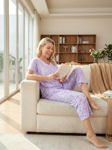 Image of CHUNG Women Cotton Pajama Sets Sleepwear pjs Short Sleeve Shirt Capri Length Crop Pants Cute Vivid Print