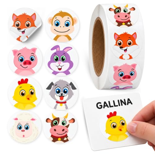 Playzoco Pegatinas Animales Para Niños, Stickers Decorativos Infantiles, Calcomanías Alegres, Adhesivos En Rollo, 500 Unidades De 2.5 Cm Con Diseños Variados Y Divertidos