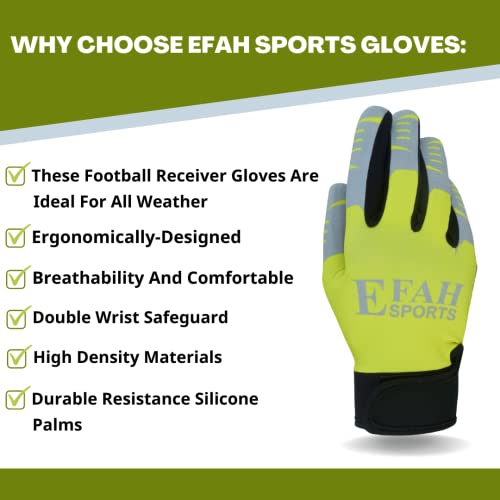 Efah Sports Football Receiver Gloves For Youth Kids Boys Children Adult Soccer Receiver Glove With Strong Silicone Grip Palms (Yellow, S, Ambidextrous) #TOP4