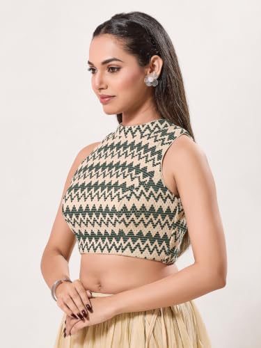 Image of Vamas Women's Net Saree Blouse | Padded Sleeveless Back Open Designer Blouse | ReadymadeEthnic Blouse with Tie-Up Back for Women