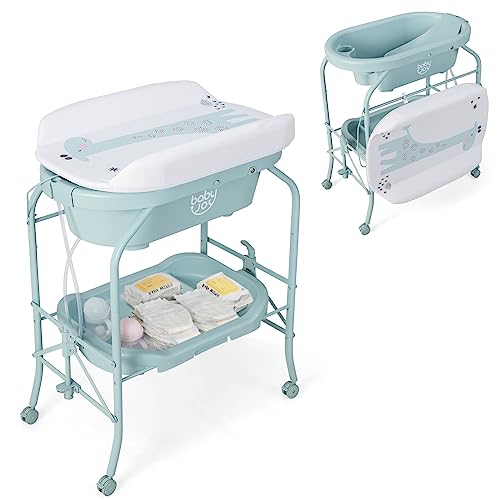 Image of BABY JOY Baby Bathtub with Changing Table, Foldable Infant Diaper Changing Station with Storage Tray, Waterproof Pad, Portable Newborn Nursery Organizer Bath Stand with 4 Universal Wheels (Blue)