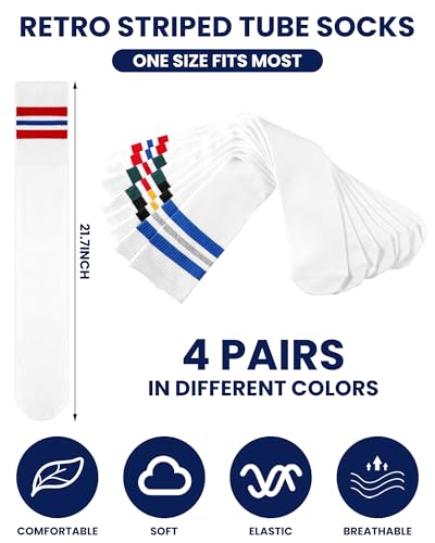 Shihanee 4 Pairs Striped Tube Socks for Men School Cotton Athletic Triple Stripe Knee High Sock Size 10-132