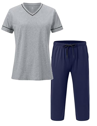 MoFiz Pyjama Short Femme Pyjama Coton Court à Pyjama avec Manche Courte et Pantalon Corsaire Ensemble de Pyjama été Grisclair Bleu L