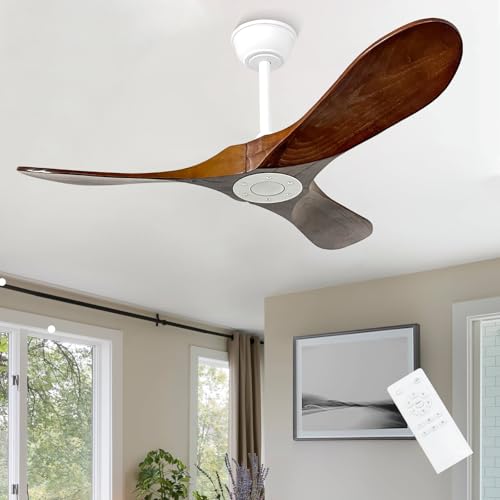 Image of 42'' Outdoor Ceiling Fan no Light,Solid Wood Ceiling Fan with Remote Control,Quiet and Reversible DC Motor with Large Airflow for Living Room,Patios,Gazebo (White+Dark Walnut)