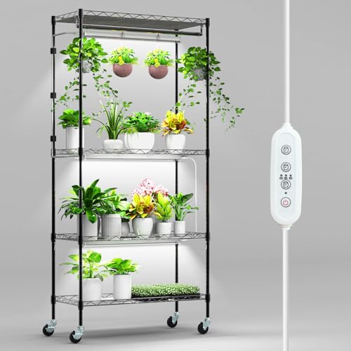 Nedechom Plant Shelf with Grow Light 4-Tier Metal Grow Light Shelf with Hanging Rod and Adjustable Rack 3-Pack 6000K T12 LED Full Spectrum Grow Lights for Seed Starting Succulents Built-in Timer