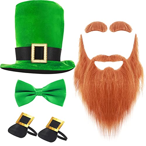 Tigeen 4 Pcs St. Patrick's Day Leprechaun Costume, Include Green Leprechaun Hat and Fake Beard Mustaches Accessories(Brown)