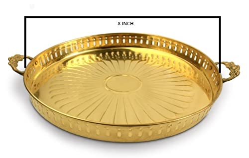 SARADHA METALS Handmade Brass Metal Platter Serving Plate Tray with Brass Handle Dinnerware, Homeware, Kitchenware (Golden Colour) (8INCH)