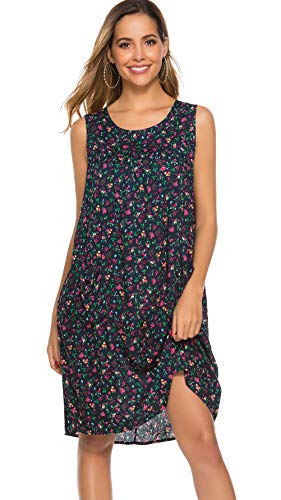 POGT Sleeveless Shift Dress Sundress Floral Print House Dresses for Women with Pockets, Navy Blue 1, XX-Large