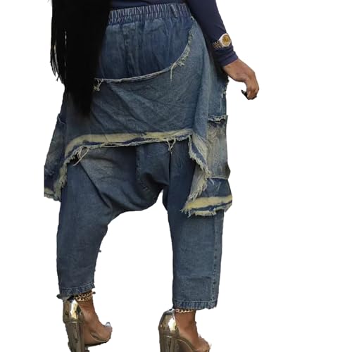 Women's Denim Harem Pants Irregular Hem Elastic Waist Ripped Distressed Wide Leg Baggy Jeans3