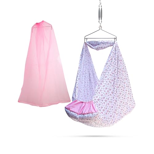Image of beetot Cotton New Born Baby Swing Cradle (Jhula) | Cradle Cloth With Removable Mattress Bed, Mosquito Net, Weight Capacity Up To 20Kg | Age From 0-12 Months (Floral Pink)