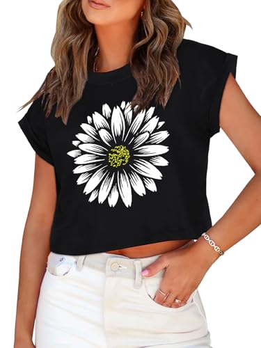 Image of Womens Crop Tops Summer Roll Cap Sleeve Cropped Tshirt Loose Fit Basic Tees