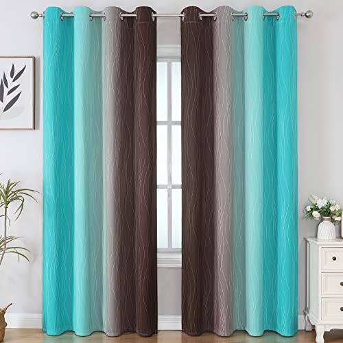 Estelar Textiler Brown and Teal Gradient Blackout Curtains for Bedroom, Ombre Thermal Insulated Noise Reducing Blackout Drapes for Living Room, Full Room Darkening Grommet Curtains, 52Wx84L, 2 Panels