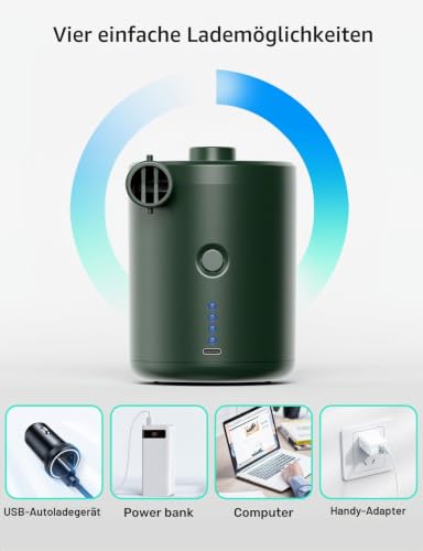 QPAU Elektrische Luftpumpe, Wiederaufladbar, 3 Luftdüsen, Grün – Ansicht 4