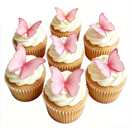 Weraru 48Pcs Edible Wafer Paper Butterflies Cupcake Topper Pink Cake Decorations