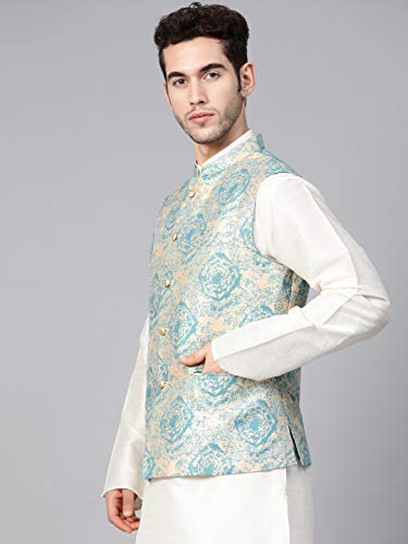 Image of MANQ Men Sea Green & beige Woven Jaquard Silk Nehru Jacket (Size:42)