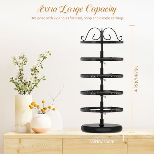 Image of MODOWEY Rotating Earring Holder Organizer Stand, 5 Tier Metal Tree Display for Women Vendors, 220 Holes Adjustable Jewelry rack for Stud Hoop Dangle Storage, Trendy Carousel Keeps Dresser Neat, Black