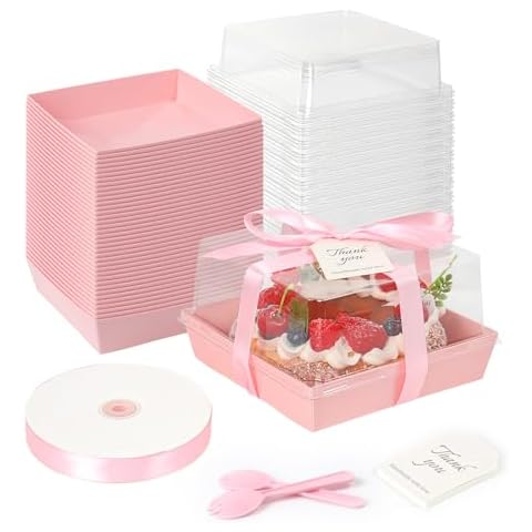 DeziWood 7 x 7 x 4 Inches Paper Cake Boxes with Clear Lids, 50 Pack Pink Charcuterie Boxes Large Square Food Containers, Disposable Bakery Boxes for Valentine's Day 4-6 Inch Bundt Cake, Pie, Dessert Cover