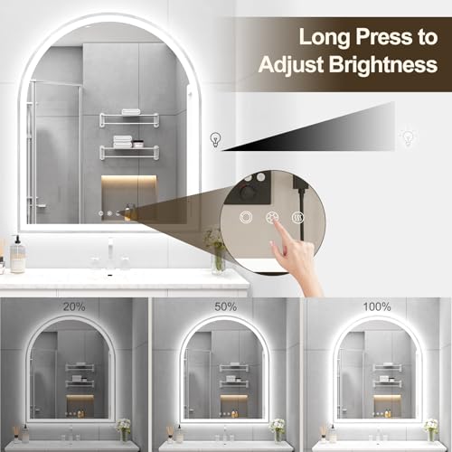 Image of Arched LED Mirror for Bathroom 30 inchx36 inch, Silver LED Bathroom Mirror with Lights-Fogless, Dimmable, 3 Color Changing, Touch Sensor