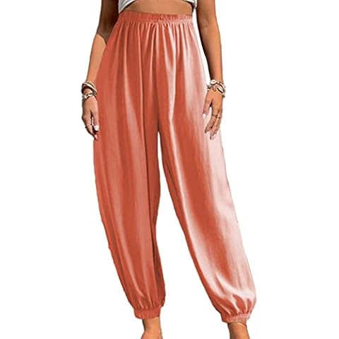 Lyfadon Bottoms High Waist Harem Ladies Boho Baggy Trousers With Pockets Solid Color Sport Pants Women Orange L Cover