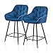 TUKAILAI Lot de 2 tabourets de bar industriels en velours pour cuisine, petit déjeuner, comptoir, hauteur d'assise 65 cm, avec accoudoirs et base en métal, bleu