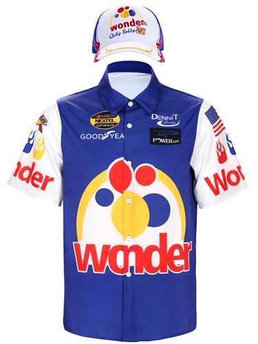 Cossoul Ricky Bobby Costume Men Short Sleeve Ricky Bobby Shirt Hat Halloween Race Car Driver Costume (X-Large) Blue