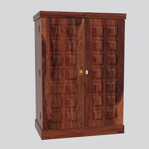 Image of Solid Sheesham Wood Bar Unit Cabinet with Storage Bottle Shelves & Built-in Glass Holder Wooden Drink Wine Rack Organizer for Living Room, Home & Lounge Dining Cupboard Liquor Furniture
