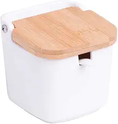 LYOR - Saleiro de Mesa de Cerâmica com Tampa de Bambu e Colher Bianco 9cm x 9cm x 8,5cm
