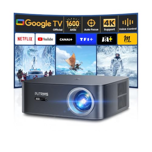 Vidéoprojecteur 4K【1600 ANSI/Google TV】 Auto Focus/Keystone Projecteur Vidéo de Jour 4K WiFi Bluetooth FHD 1080P, APPS Officilles,Contrôle Vocal, HDR10, RétroProjecteur Home Cinéma/Extérieur Zoom 50%
