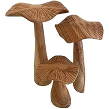 OMA Teak Wood Mushroom Sculpture Home Decor Hand Crafted Live Edge Mushroom Statues for Living Room Kitchen Home - Set of Three