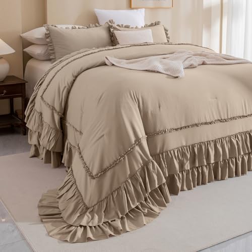 Image of QSH 3PCs Light Taupe Oversized California King Ruffled Bed Comforter Set 128x120, Farmhouse Vintage Chic Comforter French Country Shabby Comforter Soft Microfiber Fluffy Bedding Set