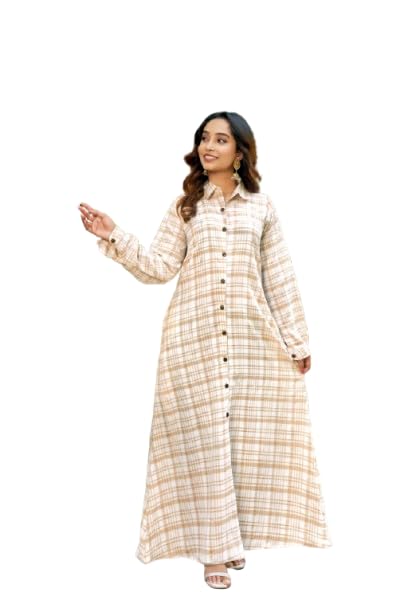 Women Crepe Checked Maxi Gown with Pocket Full Sleeve Button Down Long Gown Casual & Wear-image-18