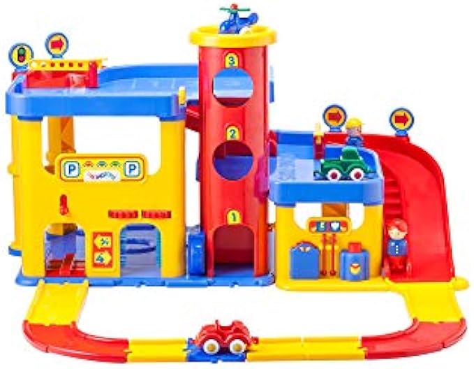 Viking Toys - 2-Story Garage and Road Playset - Includes 3 Vehicles and 3 Figures, with Working Elevator and Gates, for Kids Ages 1 Year +