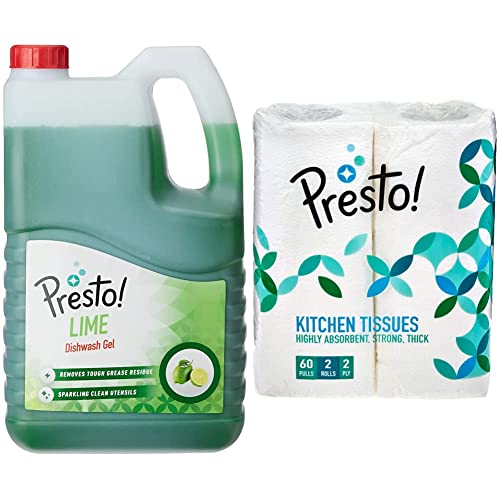 Image of Amazon Brand - Presto! Dishwash Gel - 5 L (Lime) & Presto! 2 Ply Kitchen Tissue /Towel Paper Roll - 2 Rolls (60 Pulls Per Roll)