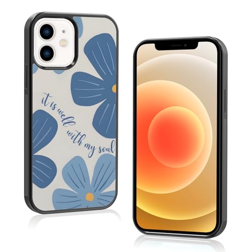 Odhtst Aesthetic Blue Christian Floral Phone Case Compatible with iPhon Case Inch, Cute Jesus Bible Verse Design, TPU Shockproof Protective Cover for Women Girls, Wireless Charging (iPhone 12/12 Pro)