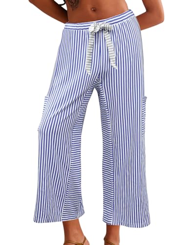 Women's Wide Leg Lounge Pants Striped Mid Waisted Drawstring Beach Pants Capri Pants Trousers with Pockets