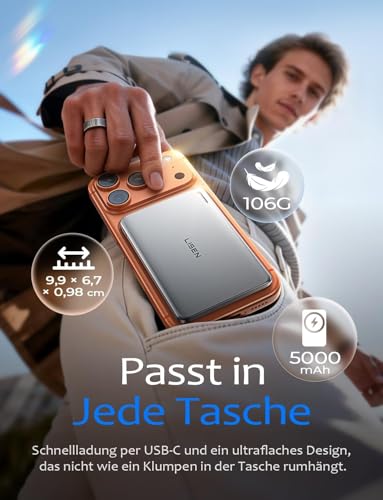 LISEN Magnetische Powerbank für MagSafe Slim, 5000mAh Ultraleicht 106g Kabellose Schnellladung 22.5W USB-C, Wireless Powerbank iPhone, Induktives Laden, Handy-Akkuhüllen für iPhone 17e Pro Max Xiaomi