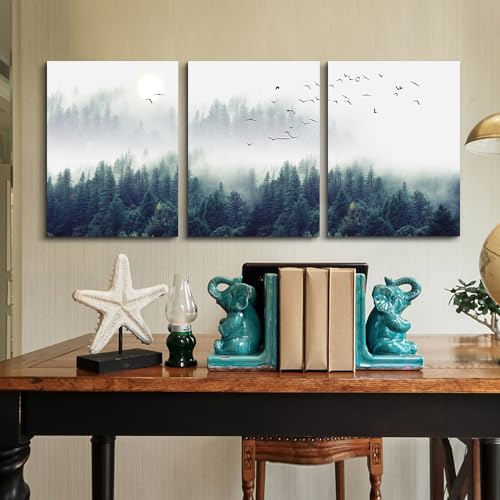 DZRWUBHS Modern Canvas Wall Art For Living Room Large Wall Decor For Bedroom Foggy Forest Trees Landscape Painting Home Decor Stretched And Framed Ready To Hang Pictures 3 Panels Wall Decoration