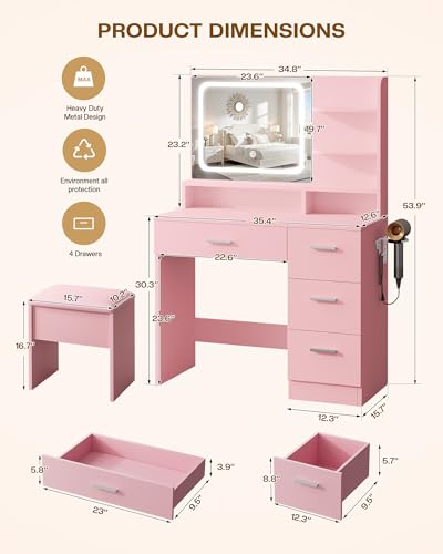 Image of LIVELYGLOW Makeup Vanity Desk Set, 35.4 inch Wx15.7 inchDx53.9 inchH, Pink (Smart LED Mirror, with Cushion Stool, Hairdryer Rack, Power-Outlet, 4 Drawers, Open Shelves)