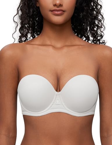 Deyllo Women's Strapless Bra Padded Cup Push Up Plus Size Full Coverage Underwire Support(White,34D)