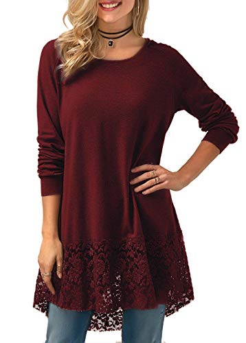 Women's Tops Long Sleeve Lace Trim O-Neck A-Line Tunic Tops with Hooded Wine Red XL