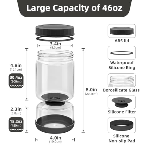 WhiteRhino Glass Pickle Jar with Strainer Flip,46oz longer Pickle Container,Hourglass Pickle Juice Separator Jar for Olives,Gherkins,Long cucumber or Sliced,Leakproof Dishwasher Safe