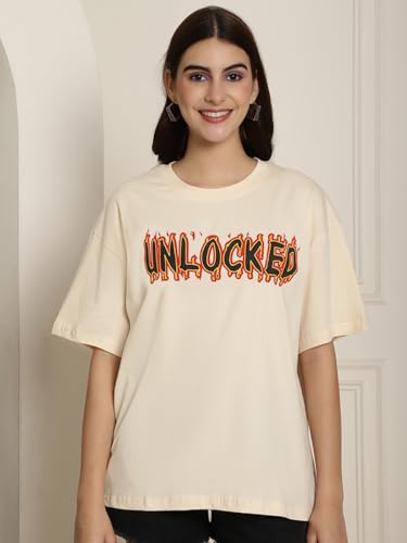 Image of Fabflee Oversized Cotton Baggy Drop Shoulder Graphic Tee with Half Sleeves | Korean Casual Loose T-Shirt for Women