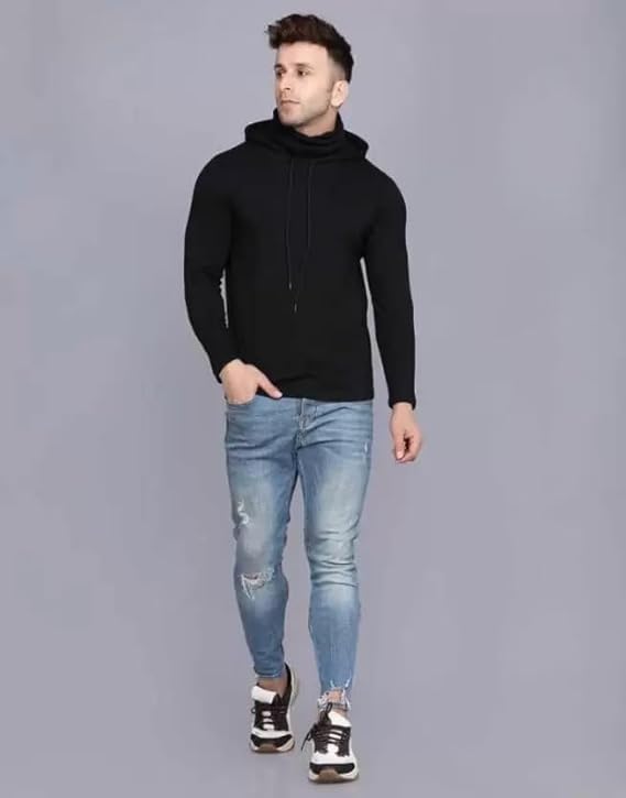 Image of Cotton Solid Men Hooded Neck with Mask Sweatshirt Full Sleeves Hoodie /Sweatshirt for Men (Black) - Pack of 1 || BZ2