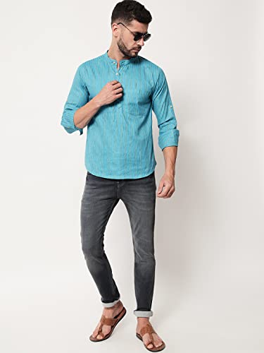 Image of Vastraa Fusion Men's Handloom Weaving Pure Cotton Short Kurta, Round Collar, Full Sleeves,Button Kurta, Ethnic Wear