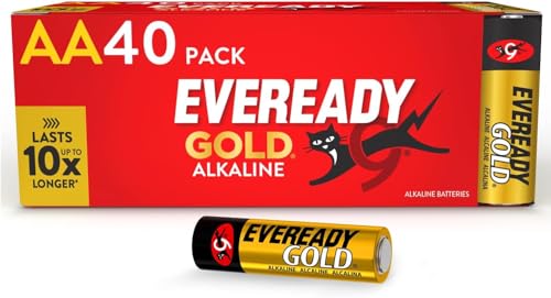 Eveready Gold de Energizer   Pilas AA (Paquete de 40)   1,5V Baterías Alcalinas   para Aparatos Domésticos y Electrónicos   Embalaje 100 % reciclable   10 años de vida útil [Exclusivo en Amazon]