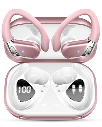 Wireless Earbuds, 2025 Bluetooth 5.4 Headphones Sports, 50H Stereo Wireless Earphones with Mic CVC 8.0 Noise Reduction, 1.5 H Fast Charge, IP7 Waterproof Wireless Headphones for Running, Rose gold