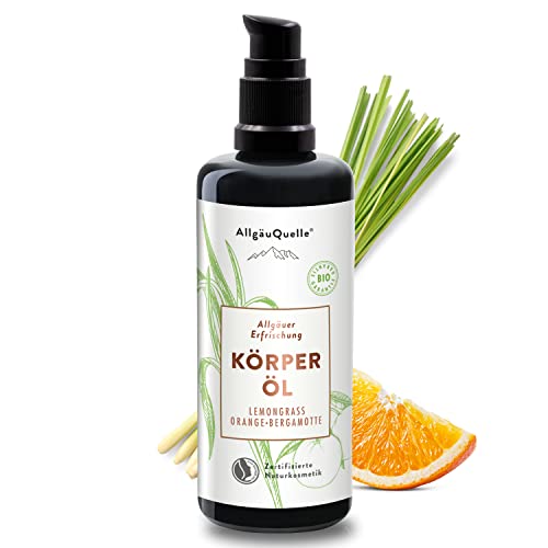 AllgäuQuelle BIO Körperöl Allgäuer Erfrischung mit 100% naturreinen ätherischen Ölen aus Lemongrass Orange Bergamotte | Pflegeöl mit Sesam Jojoba Avocado und Shea 100ml