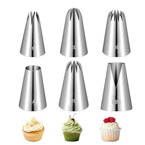 6 Pack Large Piping Tips Set Stainless Steel Cupcake Icing Tips Cake Decorating Frosting Nozzles Reusable Cake Piping Kit Decorating Supplies for Pastry Baking Cookies Butter Cream Puff Accessories